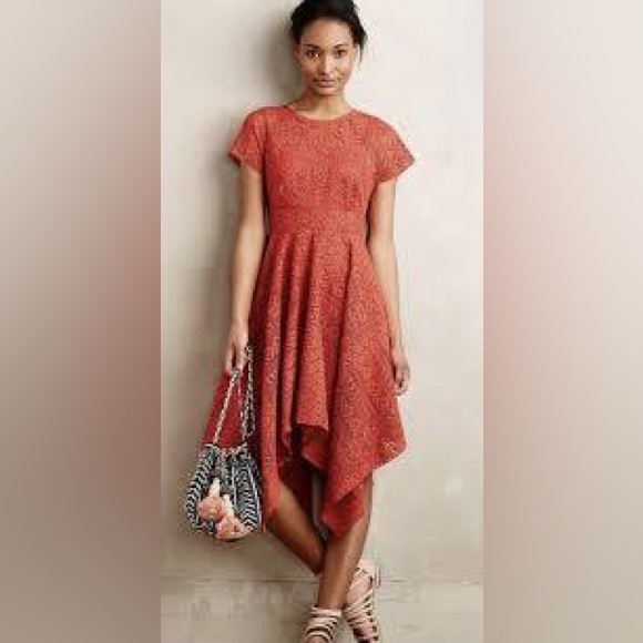 Anthropologie Maeve Prima Lace Dress Handkerchief Asymmetrical Hem Coral size 0 - Picture 3 of 4